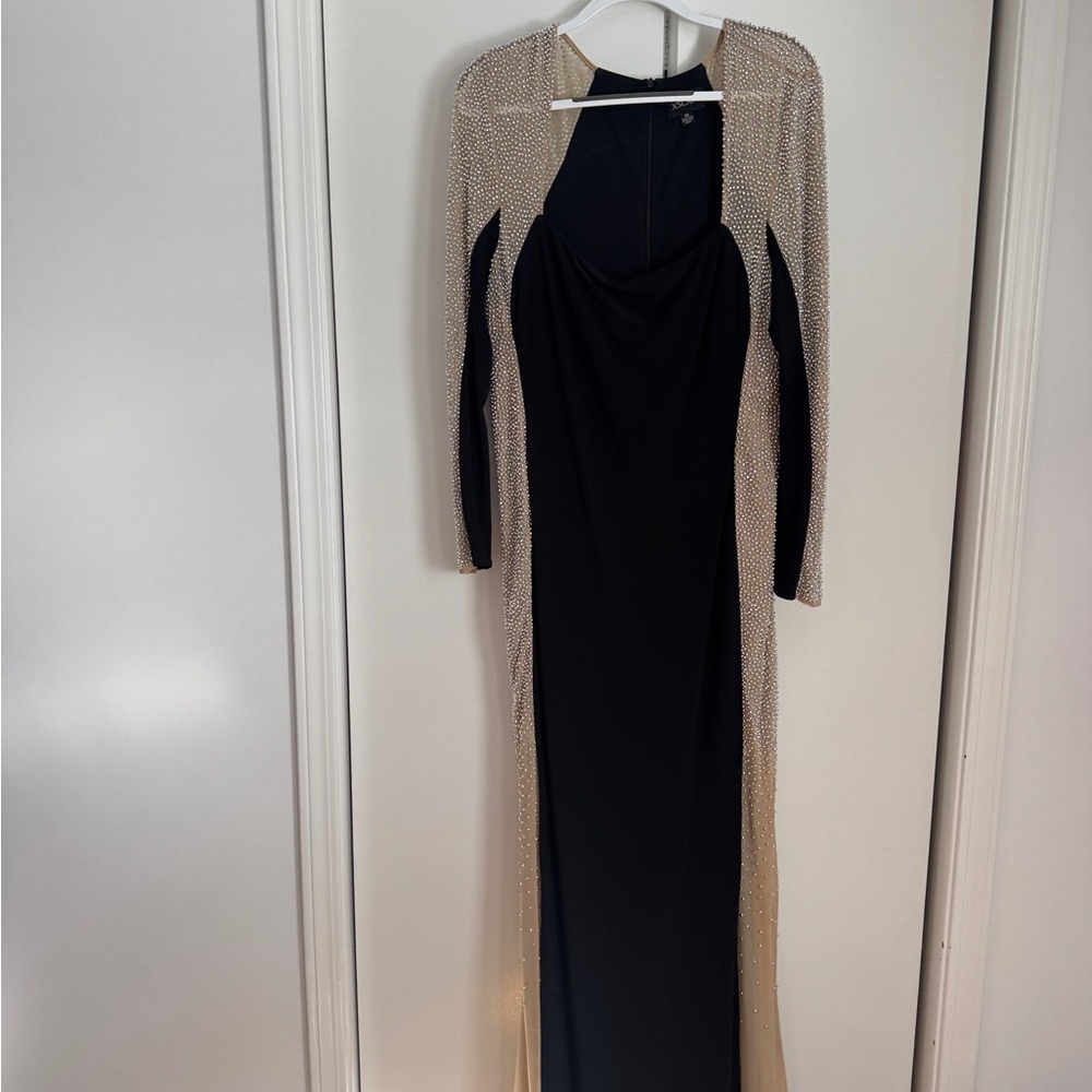 Xscape Black and Gold Long Sleeve Dress